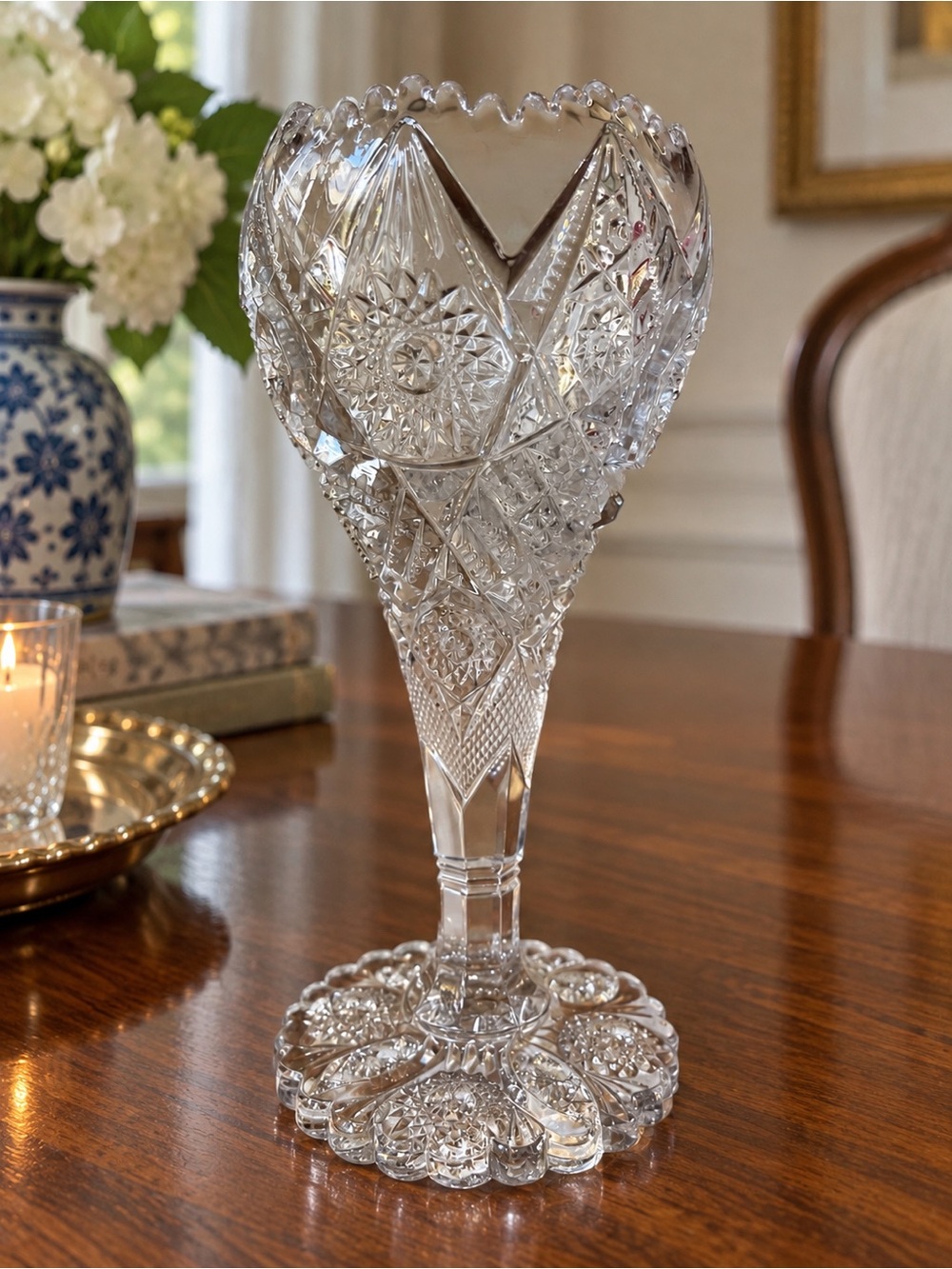Vintage Imperial Nu-Cut Thunderbolt EAPG Glass Chalice Vase Pedestal
